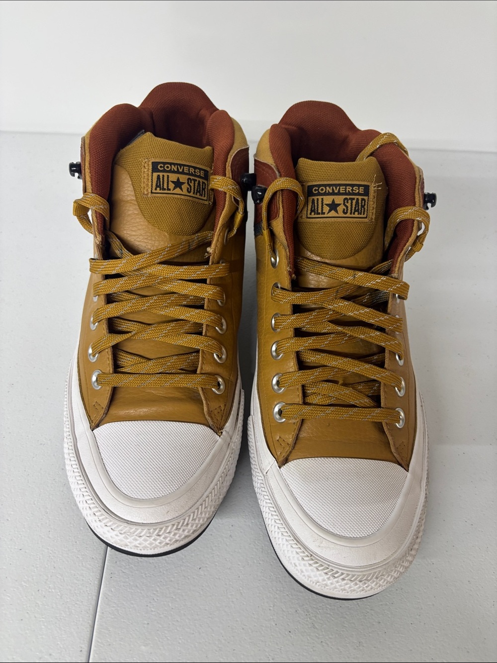 Converse High-Top Sneakers in Mustard Yellow and Rust Brown - Picture 3 of 11